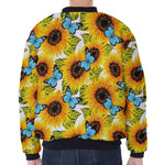 Blue Butterfly Sunflower Pattern Print Zip Sleeve Bomber Jacket