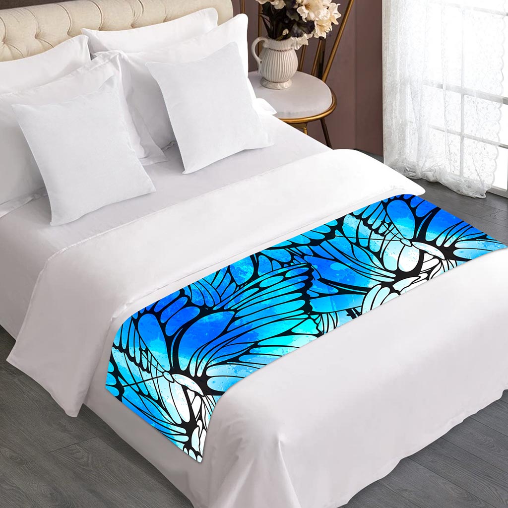 Blue Butterfly Wings Pattern Print Bed Runner