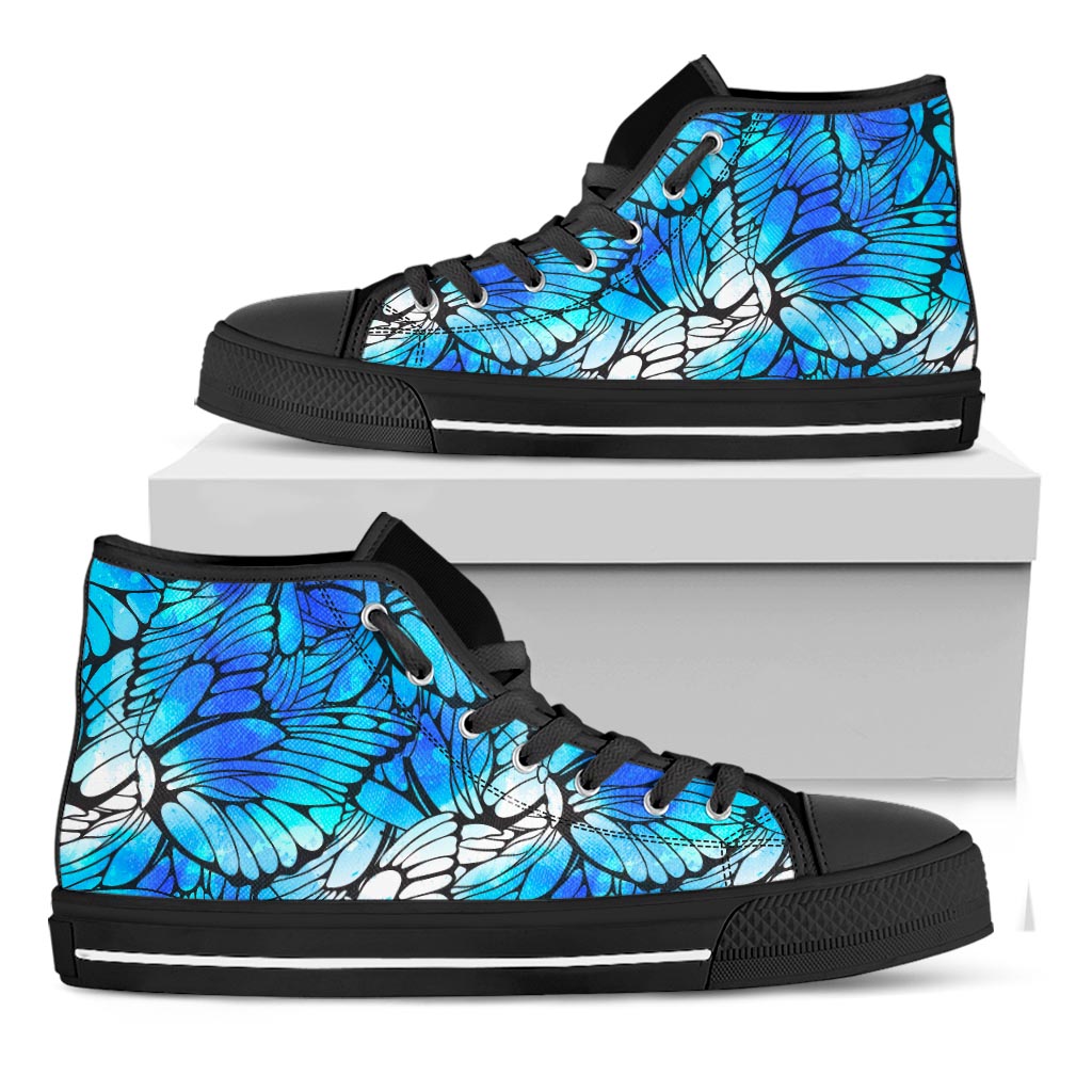 Blue Butterfly Wings Pattern Print Black High Top Sneakers