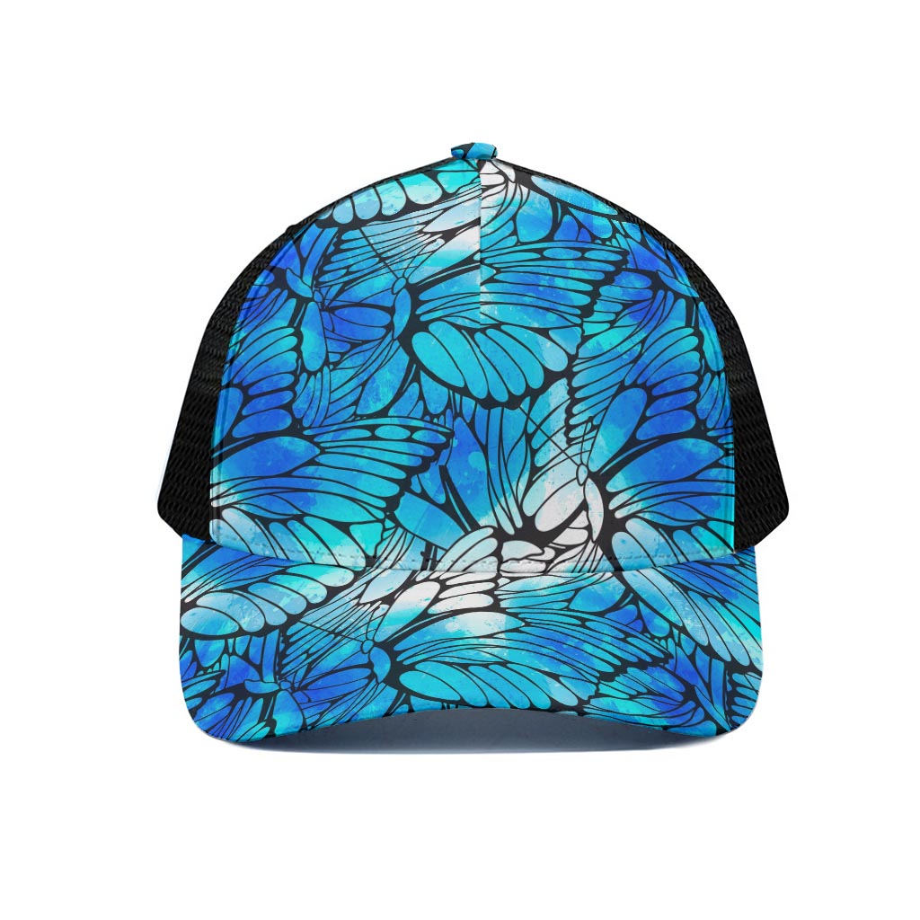 Blue Butterfly Wings Pattern Print Black Mesh Trucker Cap