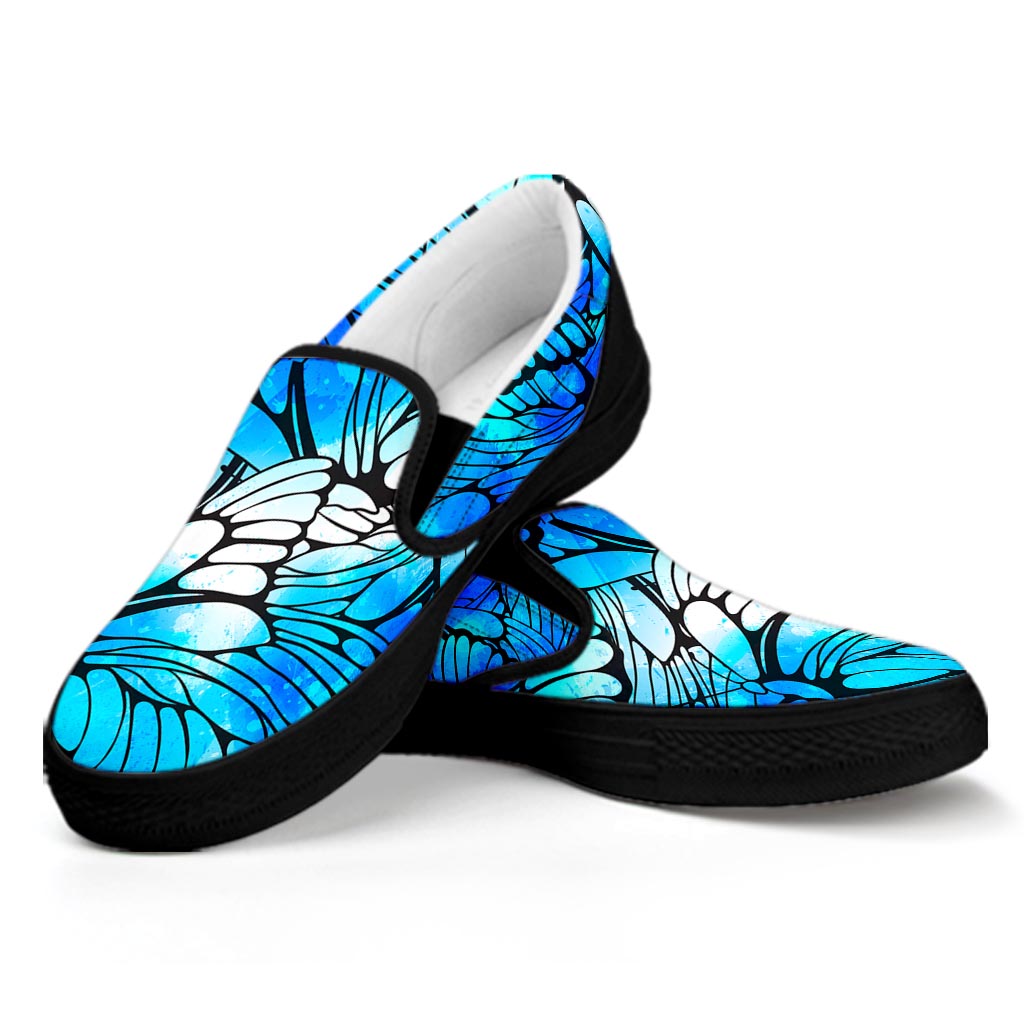 Blue Butterfly Wings Pattern Print Black Slip On Sneakers