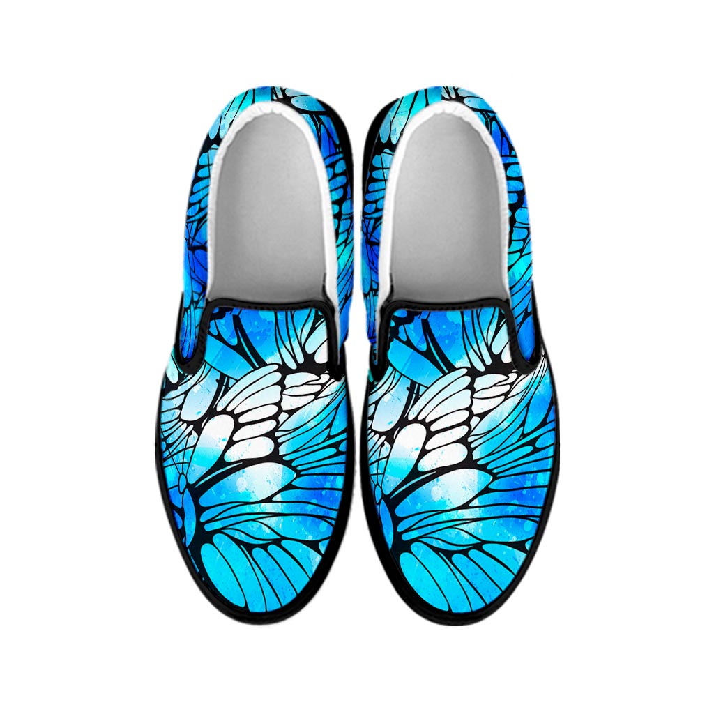 Blue Butterfly Wings Pattern Print Black Slip On Sneakers