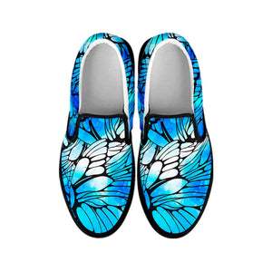 Blue Butterfly Wings Pattern Print Black Slip On Sneakers