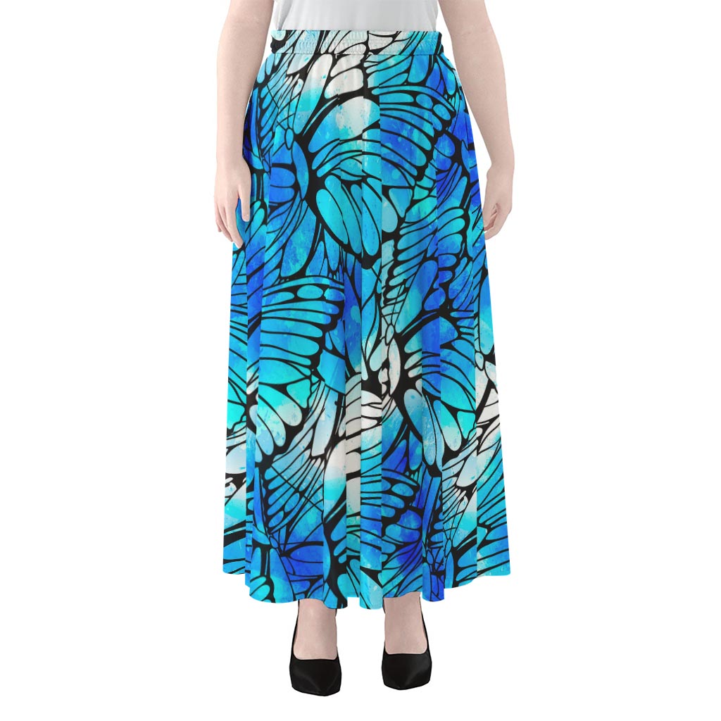 Blue Butterfly Wings Pattern Print Chiffon Maxi Skirt