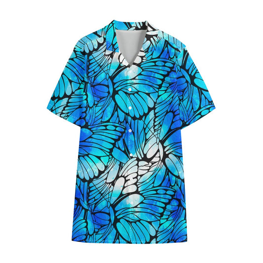Blue Butterfly Wings Pattern Print Cotton Hawaiian Shirt