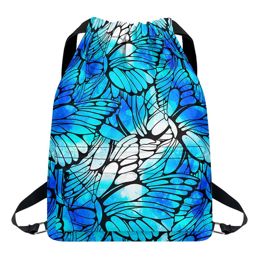Blue Butterfly Wings Pattern Print Drawstring Backpack