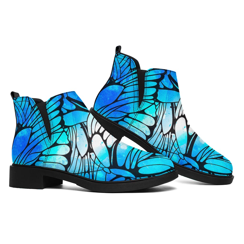 Blue Butterfly Wings Pattern Print Flat Ankle Boots