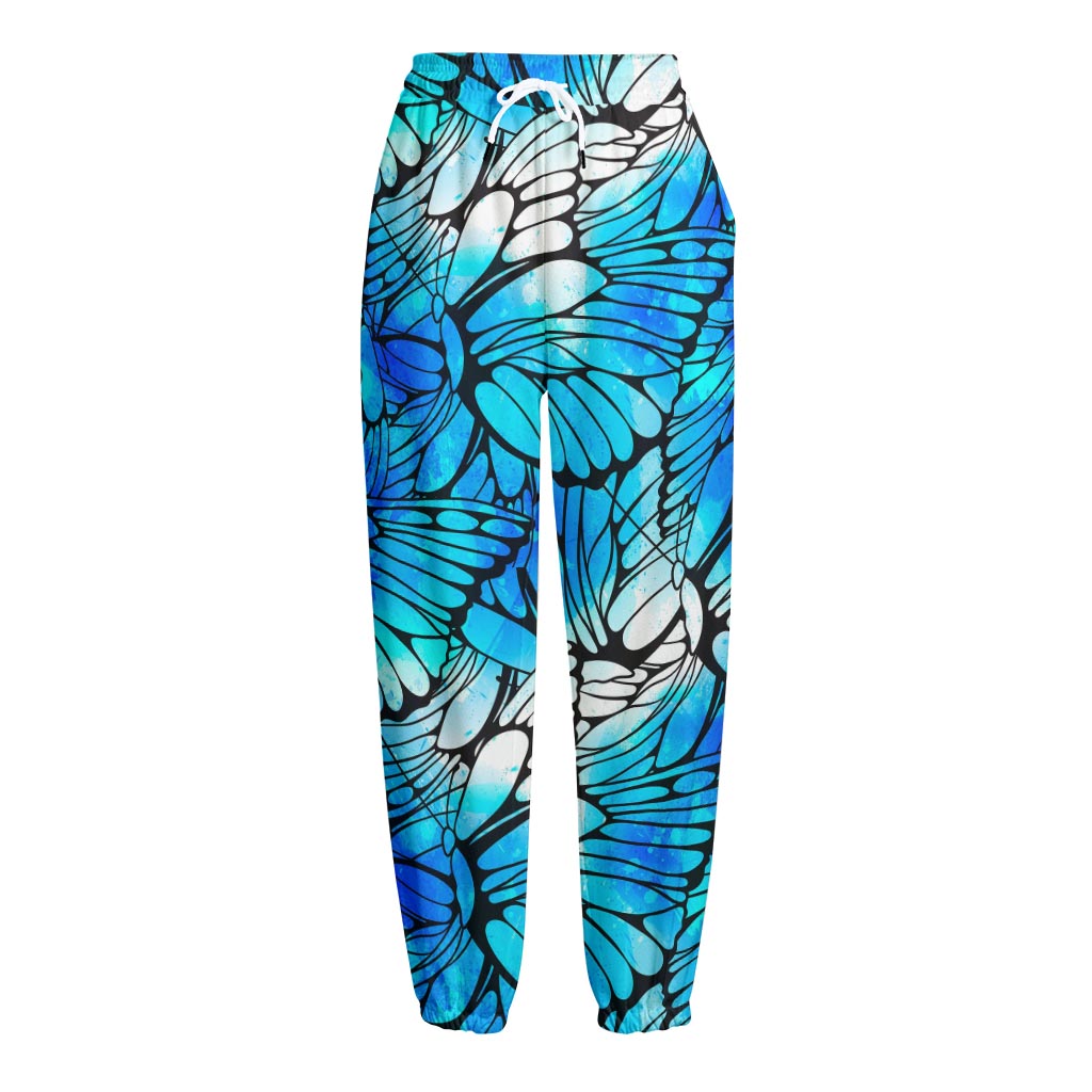 Blue Butterfly Wings Pattern Print Fleece Lined Knit Pants