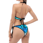 Blue Butterfly Wings Pattern Print Halter Scoop Tie Side Bikini