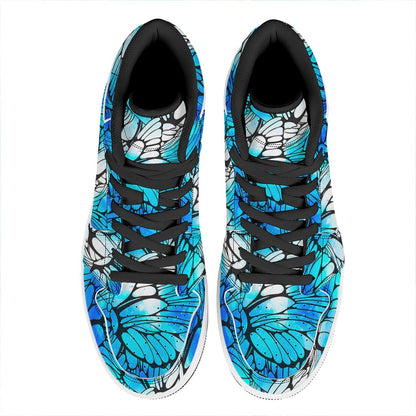 Blue Butterfly Wings Pattern Print High Top Leather Sneakers