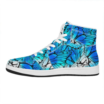 Blue Butterfly Wings Pattern Print High Top Leather Sneakers