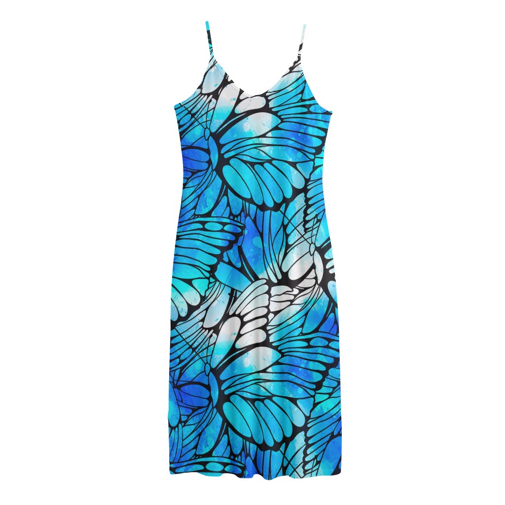 Blue Butterfly Wings Pattern Print Jersey Midi Cami Dress