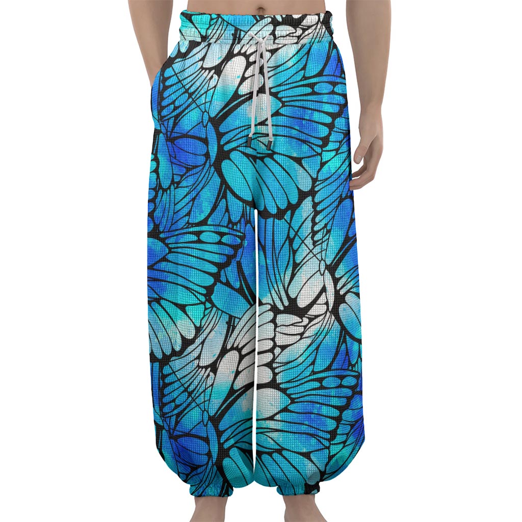 Blue Butterfly Wings Pattern Print Lantern Pants