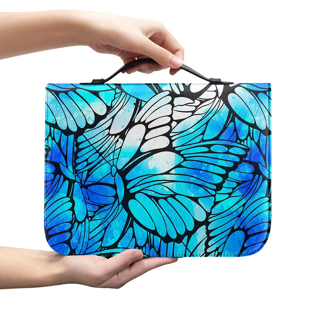 Blue Butterfly Wings Pattern Print Leather Bible Cover