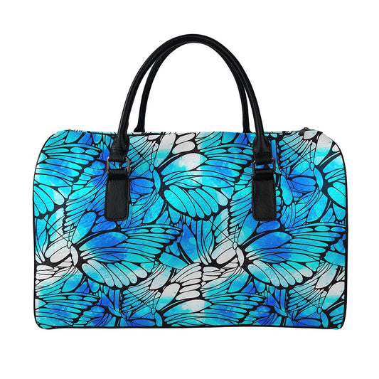 Blue Butterfly Wings Pattern Print Leather Duffle Bag