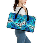 Blue Butterfly Wings Pattern Print Leather Duffle Bag