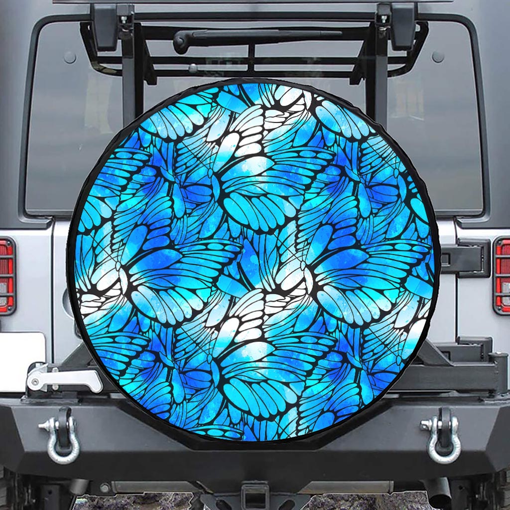 Blue Butterfly Wings Pattern Print Leather Spare Tire Cover