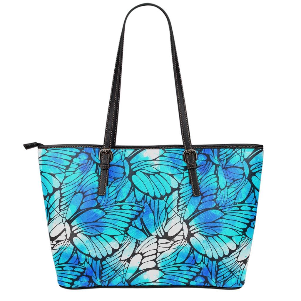 Blue Butterfly Wings Pattern Print Leather Tote Bag