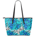 Blue Butterfly Wings Pattern Print Leather Tote Bag With Zipper