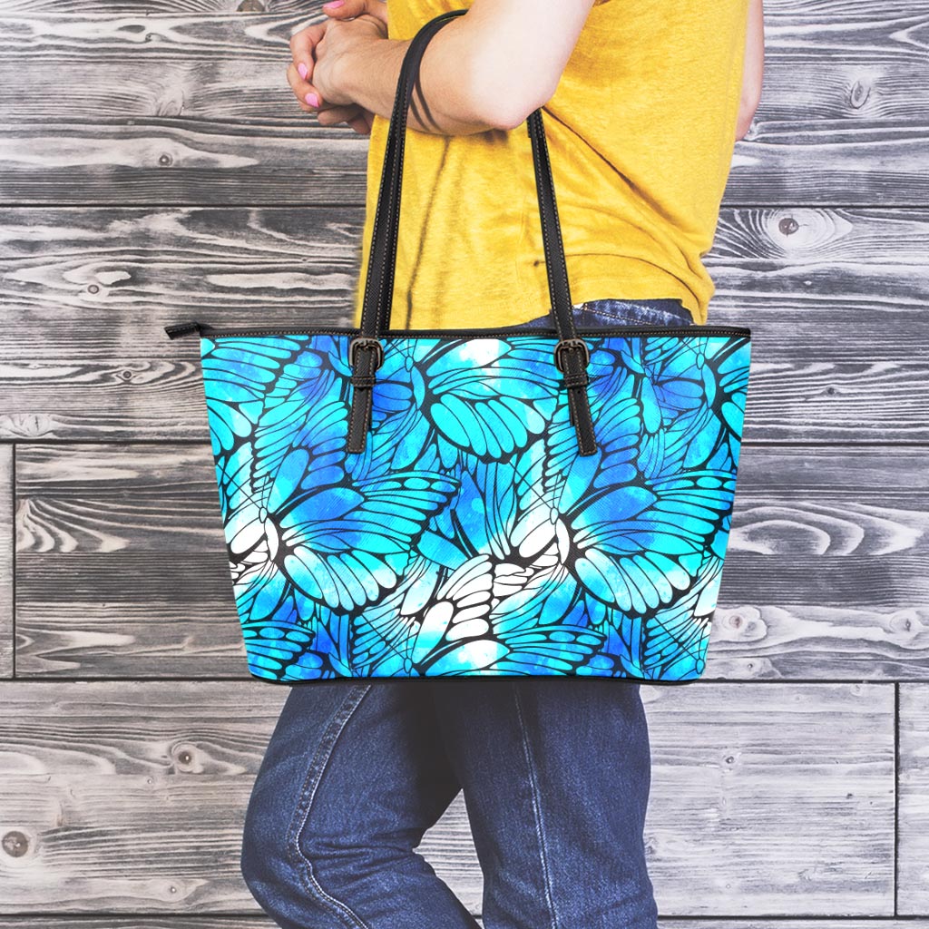 Blue Butterfly Wings Pattern Print Leather Tote Bag