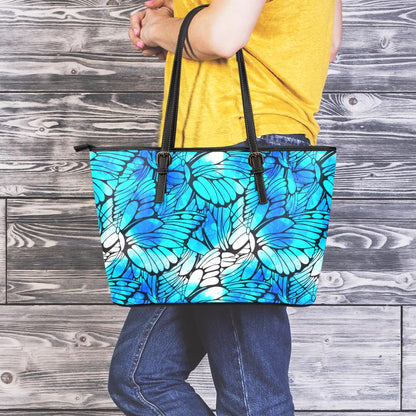 Blue Butterfly Wings Pattern Print Leather Tote Bag