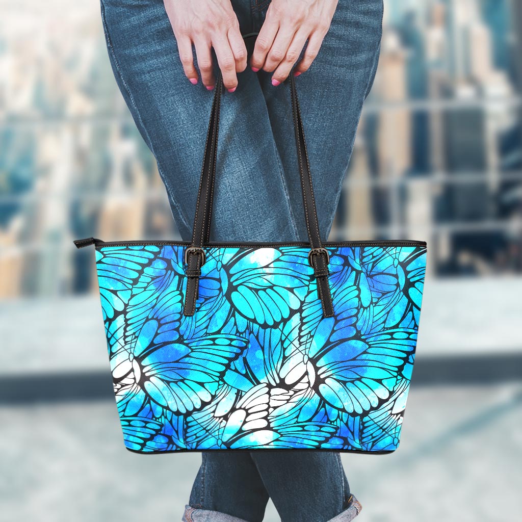 Blue Butterfly Wings Pattern Print Leather Tote Bag