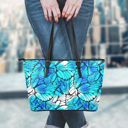 Blue Butterfly Wings Pattern Print Leather Tote Bag