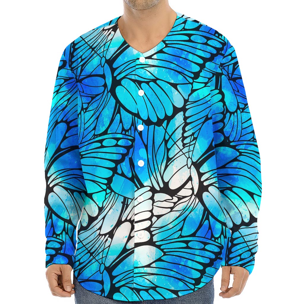 Blue Butterfly Wings Pattern Print Long Sleeve Baseball Jersey