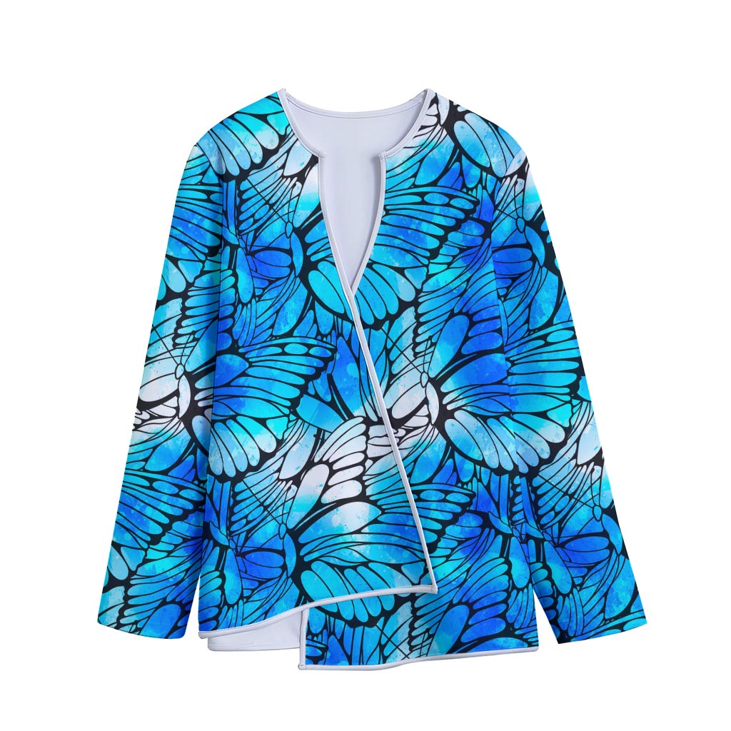 Blue Butterfly Wings Pattern Print Long Sleeve Short Coat