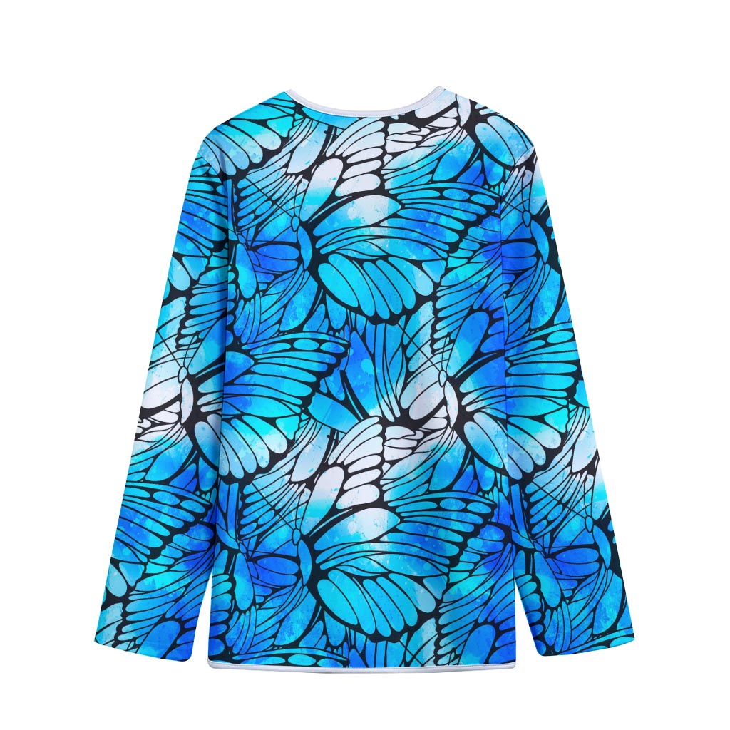 Blue Butterfly Wings Pattern Print Long Sleeve Short Coat