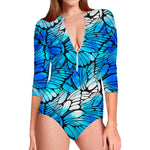 Blue Butterfly Wings Pattern Print Long Sleeve Swimsuit