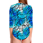 Blue Butterfly Wings Pattern Print Long Sleeve Swimsuit