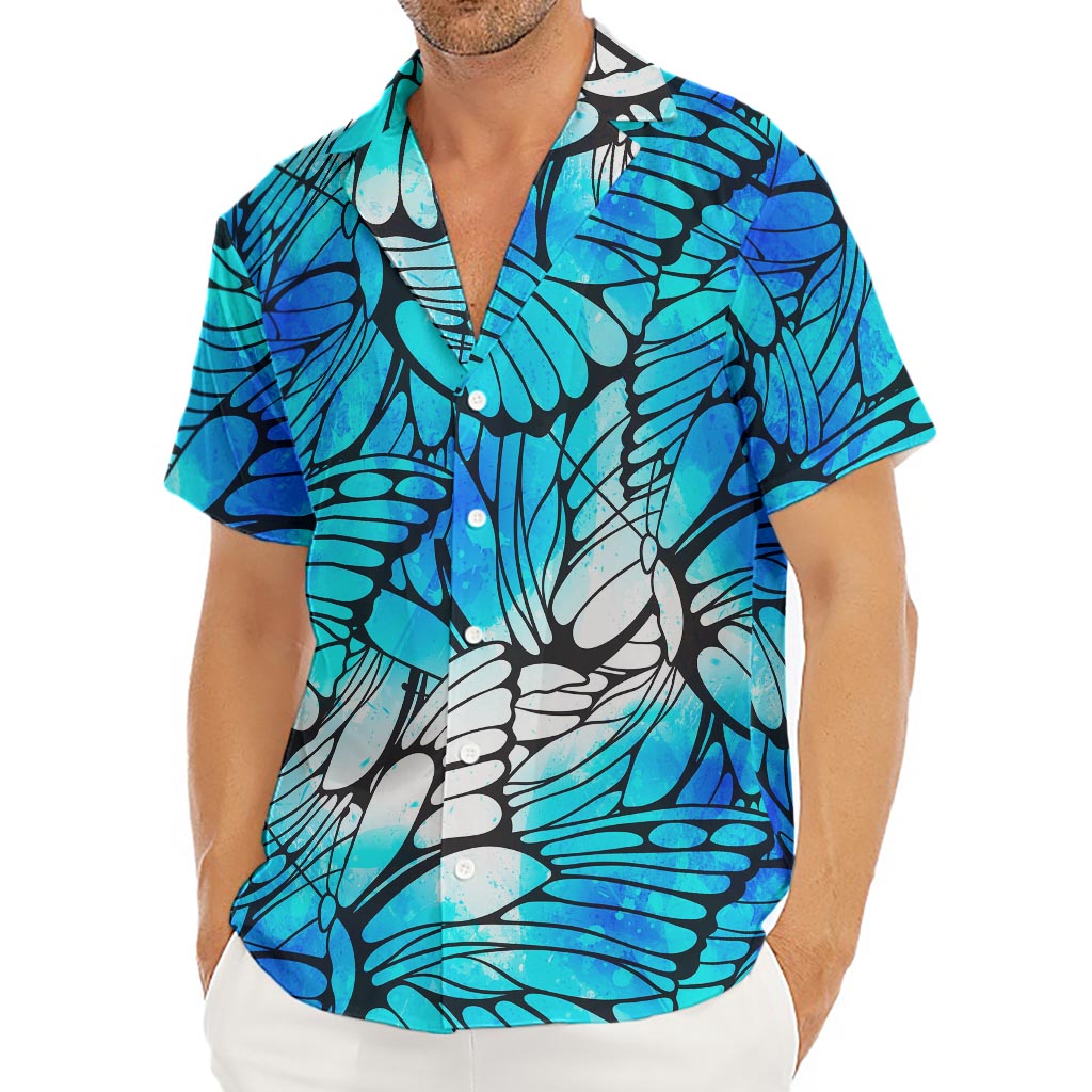 Blue Butterfly Wings Pattern Print Men's Deep V-Neck Shirt