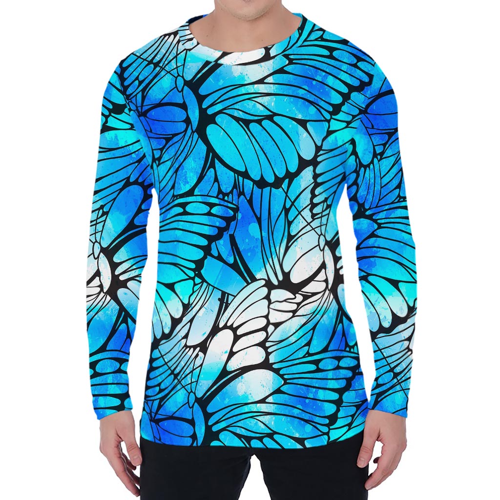 Blue Butterfly Wings Pattern Print Men's Long Sleeve T-Shirt