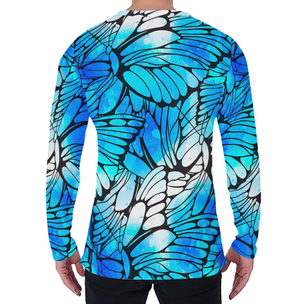 Blue Butterfly Wings Pattern Print Men's Long Sleeve T-Shirt