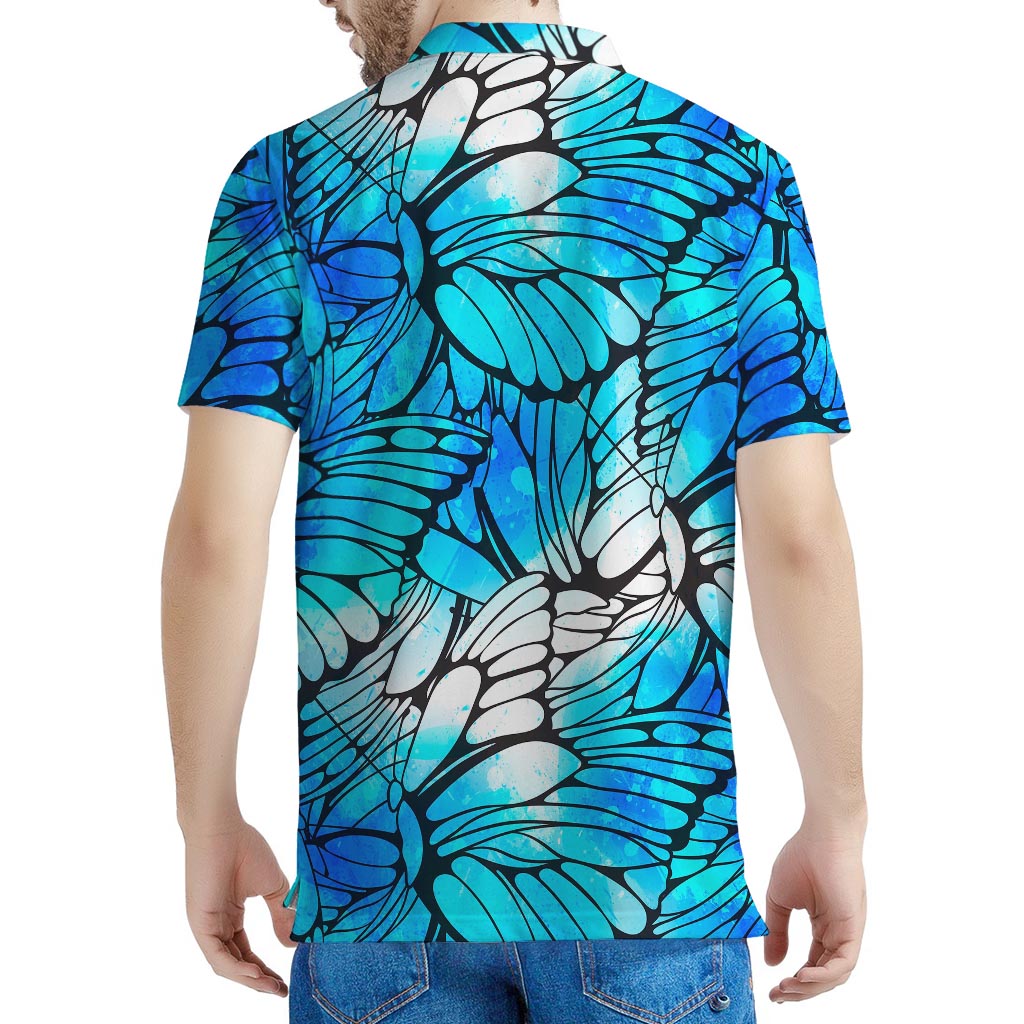 Blue Butterfly Wings Pattern Print Men's Polo Shirt