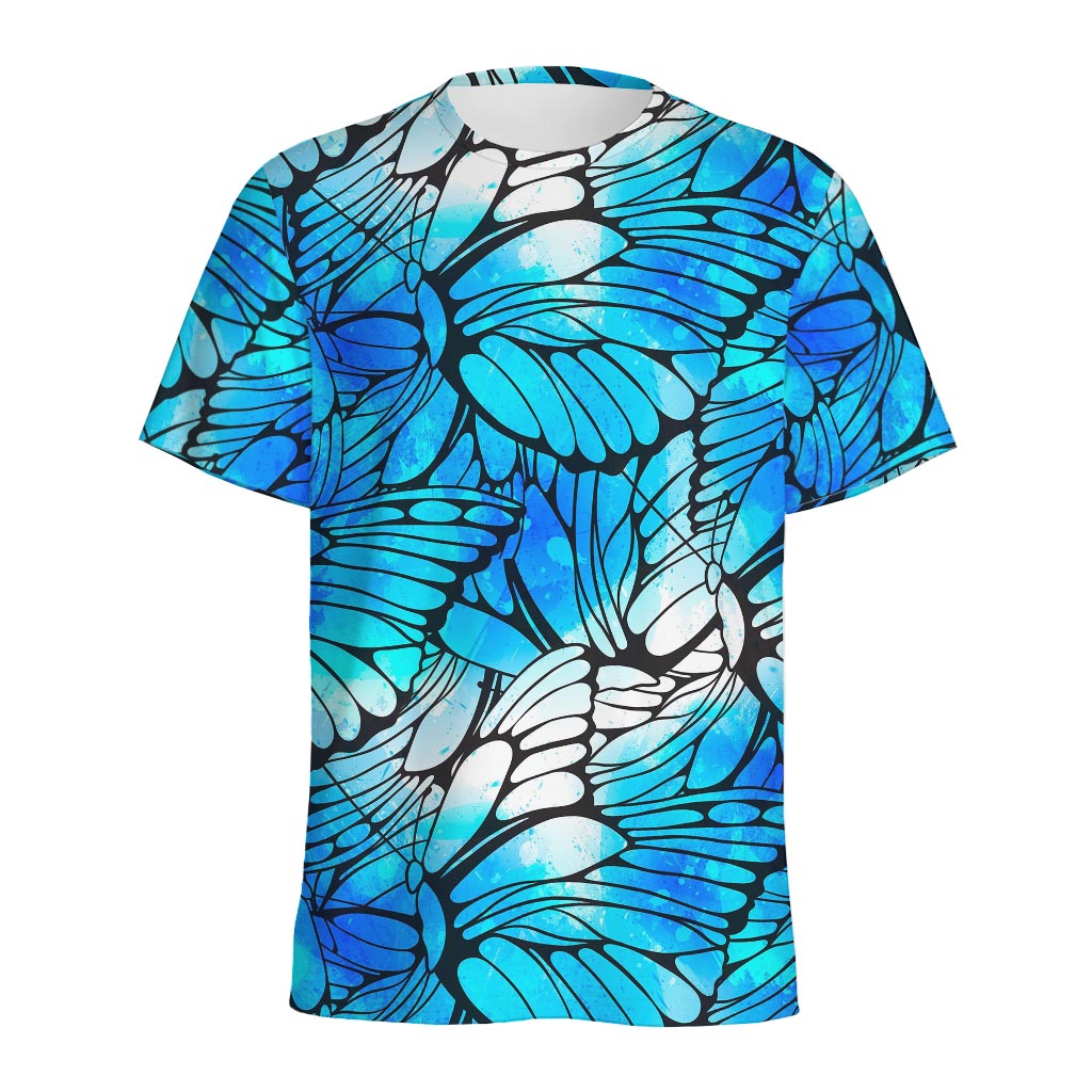Blue Butterfly Wings Pattern Print Men's Sports T-Shirt