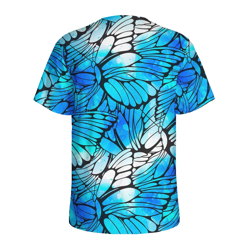 Blue Butterfly Wings Pattern Print Men's Sports T-Shirt