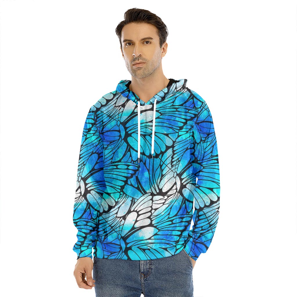 Blue Butterfly Wings Pattern Print Men's Velvet Pullover Hoodie