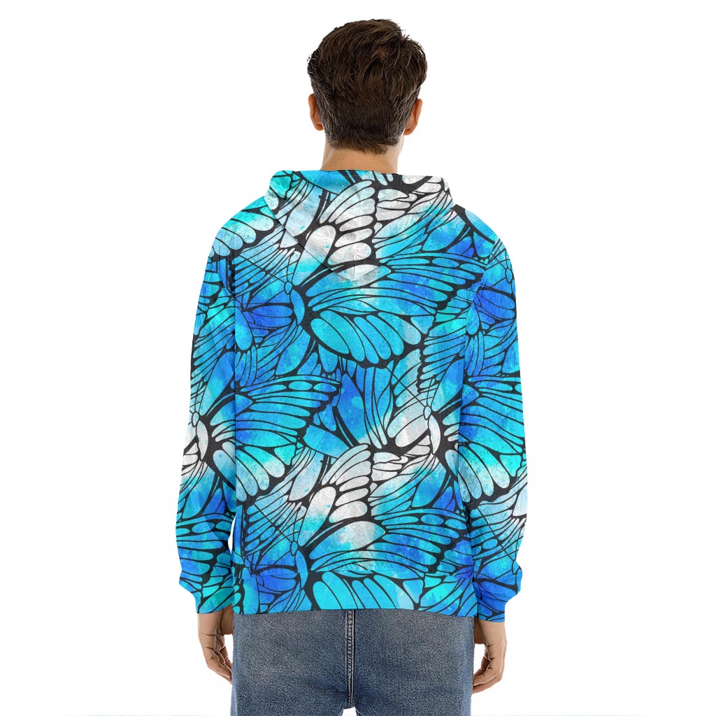 Blue Butterfly Wings Pattern Print Men's Velvet Pullover Hoodie
