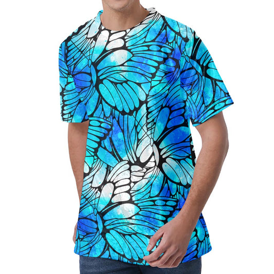 Blue Butterfly Wings Pattern Print Men's Velvet T-Shirt
