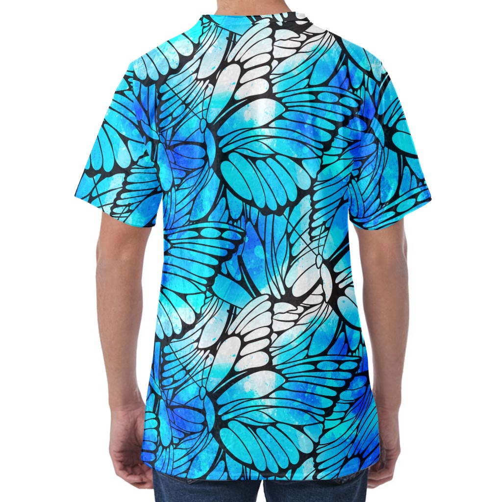 Blue Butterfly Wings Pattern Print Men's Velvet T-Shirt