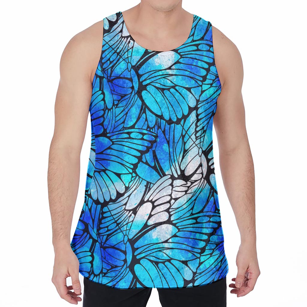 Blue Butterfly Wings Pattern Print Men's Velvet Tank Top