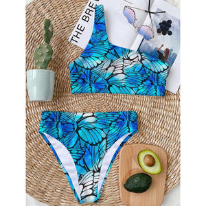 Blue Butterfly Wings Pattern Print One Shoulder Bikini Top