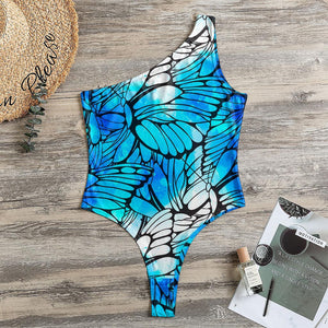 Blue Butterfly Wings Pattern Print One Shoulder Bodysuit