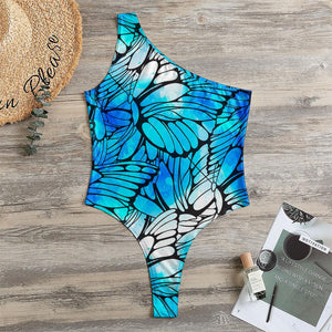 Blue Butterfly Wings Pattern Print One Shoulder Bodysuit