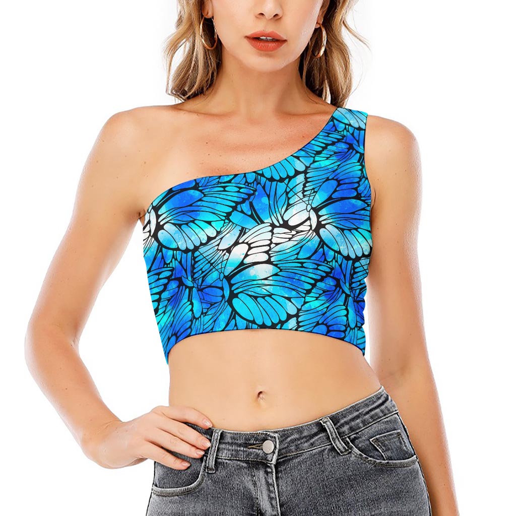 Blue Butterfly Wings Pattern Print One Shoulder Crop Top