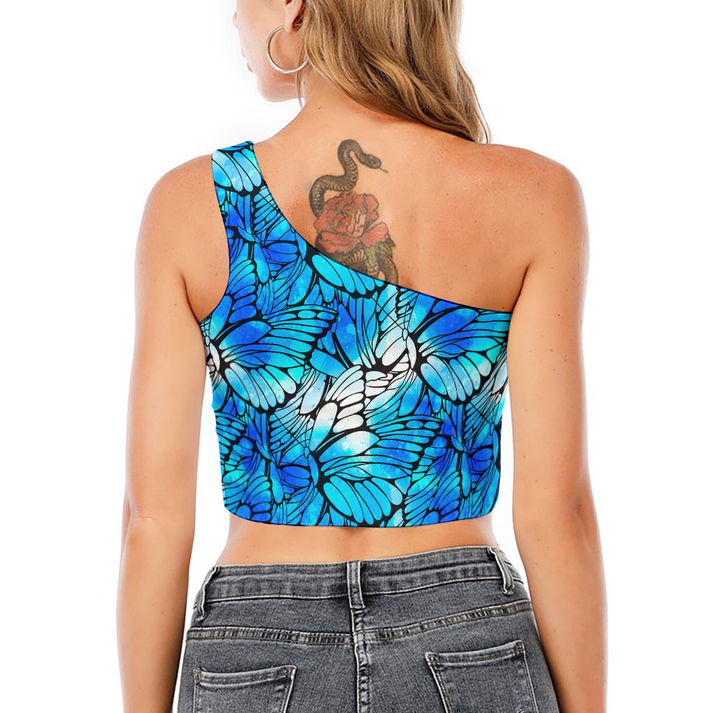 Blue Butterfly Wings Pattern Print One Shoulder Crop Top