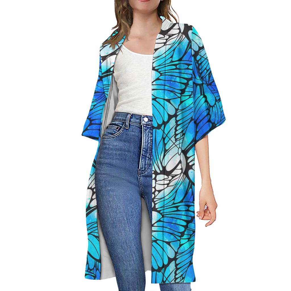 Blue Butterfly Wings Pattern Print Open Front Beach Cover Up