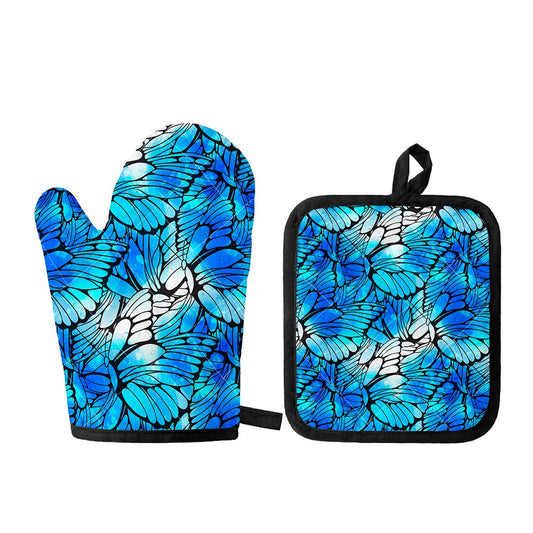 Blue Butterfly Wings Pattern Print Oven Mitt And Pot Holder Set